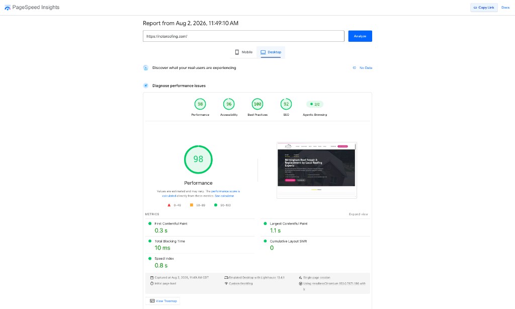 Google PageSpeed Insights desktop report for Noto Roofing showing a 98 performance score