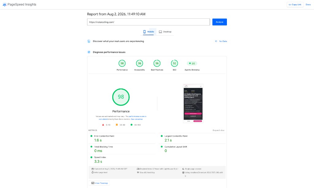 Google PageSpeed Insights mobile report for Noto Roofing showing a 98 performance score