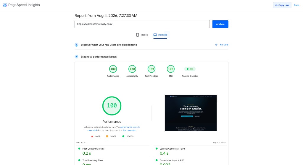 Google PageSpeed Insights desktop report for Scale Automatically showing a 100 performance score