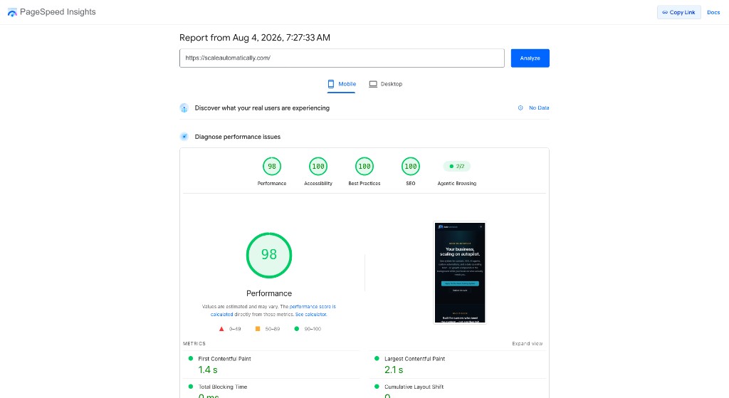 Google PageSpeed Insights mobile report for Scale Automatically showing a 98 performance score